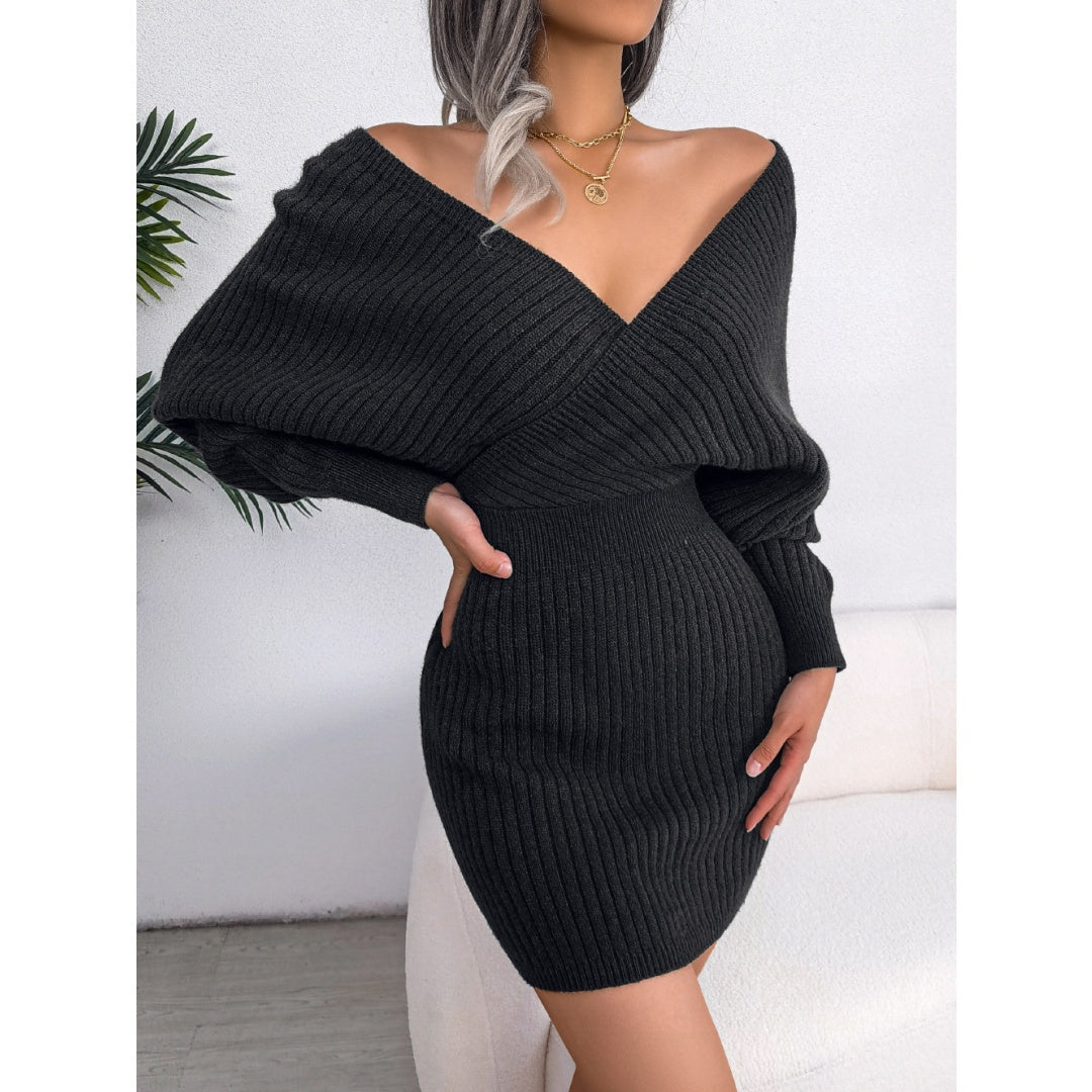 2025 Autumn-Winter Sexy Cross V-Neck Bat Skirt with Hip Wrapping, Hairy Dress