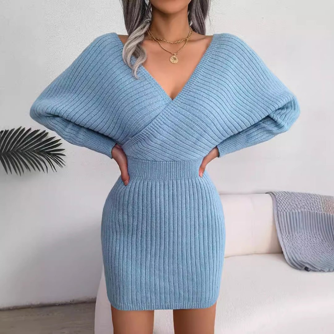 2025 Autumn-Winter Sexy Cross V-Neck Bat Skirt with Hip Wrapping, Hairy Dress