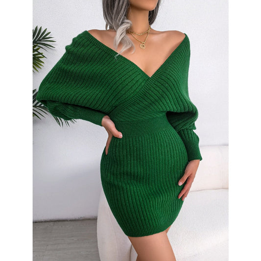 2025 Autumn-Winter Sexy Cross V-Neck Bat Skirt with Hip Wrapping, Hairy Dress