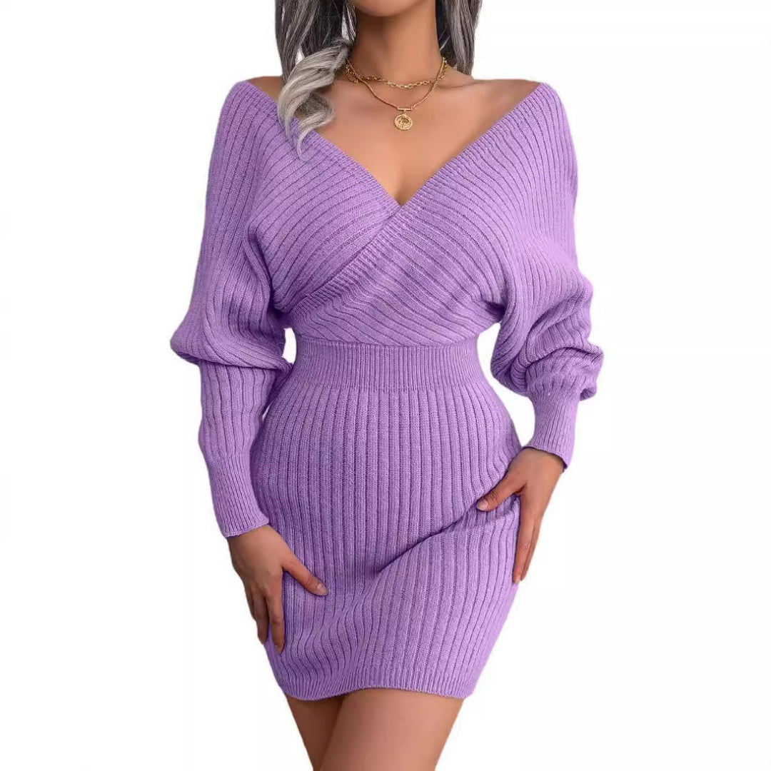 2025 Autumn-Winter Sexy Cross V-Neck Bat Skirt with Hip Wrapping, Hairy Dress