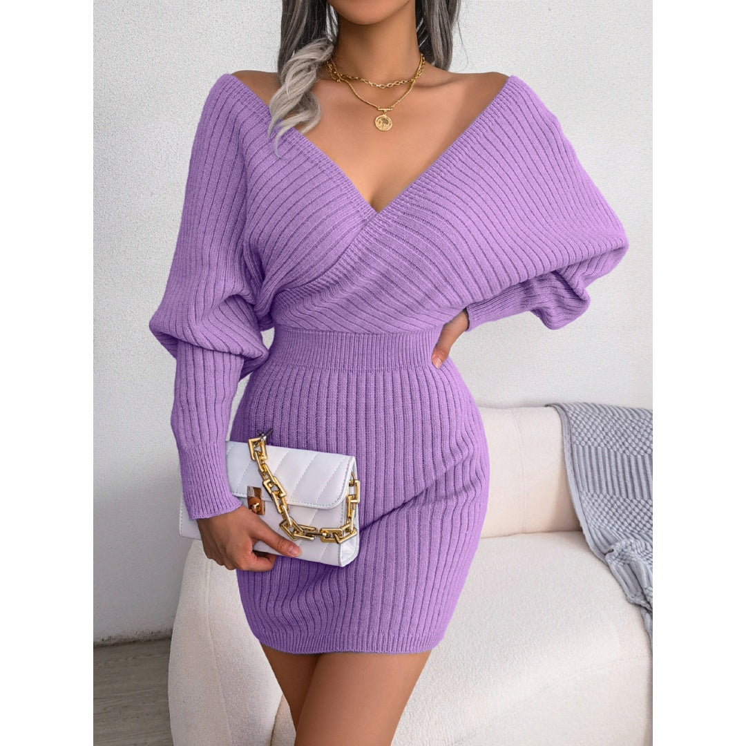 2025 Autumn-Winter Sexy Cross V-Neck Bat Skirt with Hip Wrapping, Hairy Dress