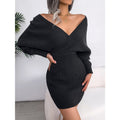 2025 Autumn-Winter Sexy Cross V-Neck Bat Skirt with Hip Wrapping, Hairy Dress
